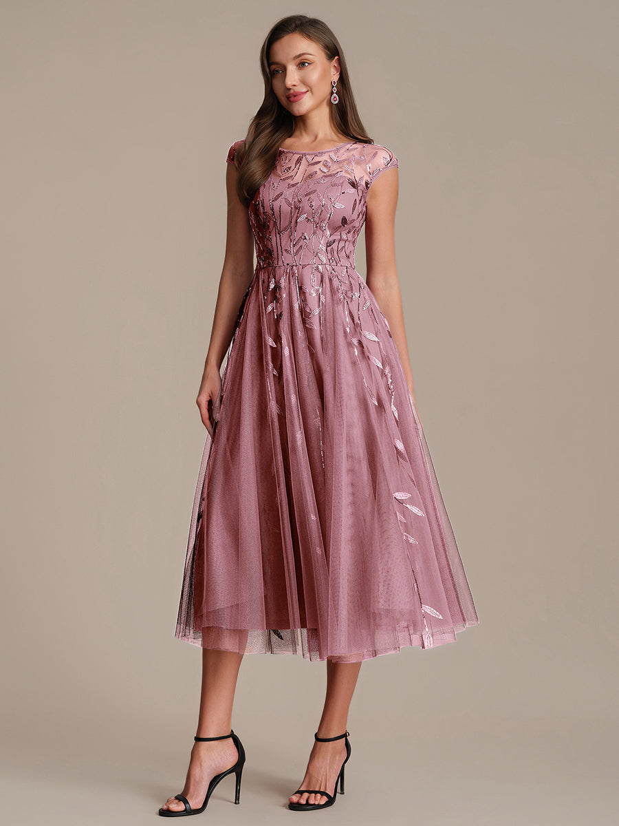 See-through Sequin Cap Sleeve Wedding Guest Dress