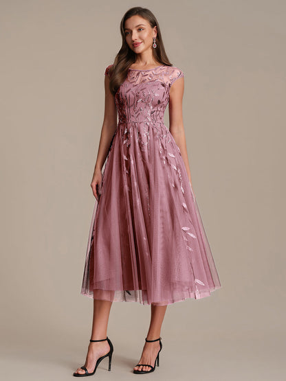 See-through Sequin Cap Sleeve Wedding Guest Dress