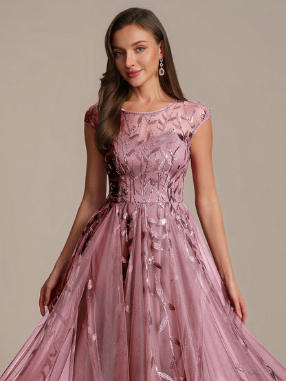 See-through Sequin Cap Sleeve Wedding Guest Dress