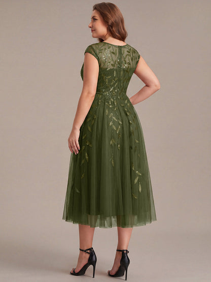 See-through Sequin Cap Sleeve Wedding Guest Dress