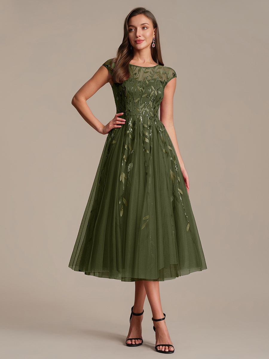 See-through Sequin Cap Sleeve Wedding Guest Dress