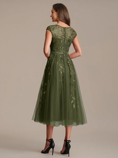 See-through Sequin Cap Sleeve Wedding Guest Dress