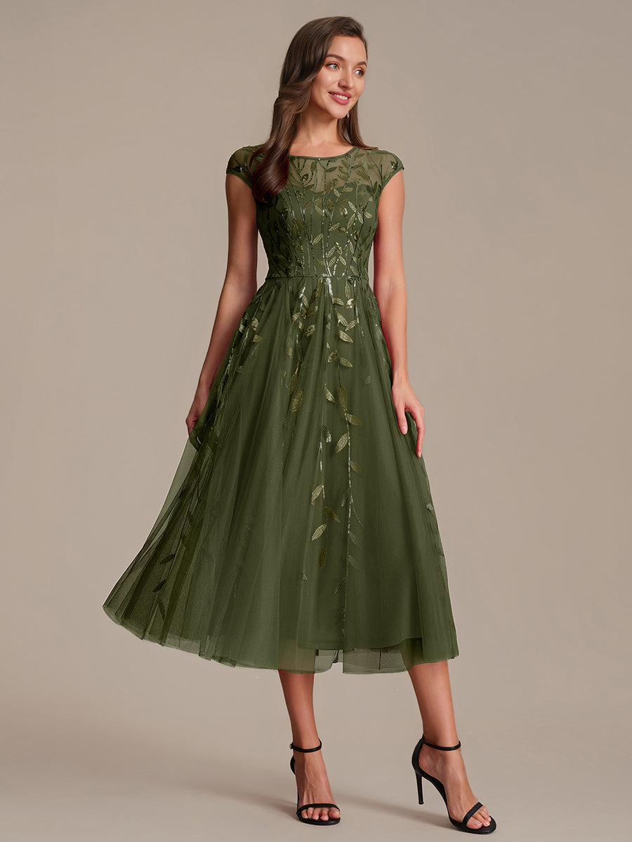 See-through Sequin Cap Sleeve Wedding Guest Dress