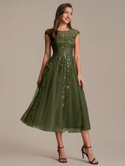 See-through Sequin Cap Sleeve Wedding Guest Dress