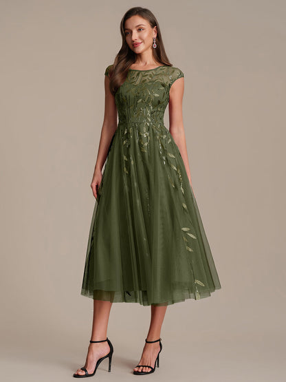 See-through Sequin Cap Sleeve Wedding Guest Dress