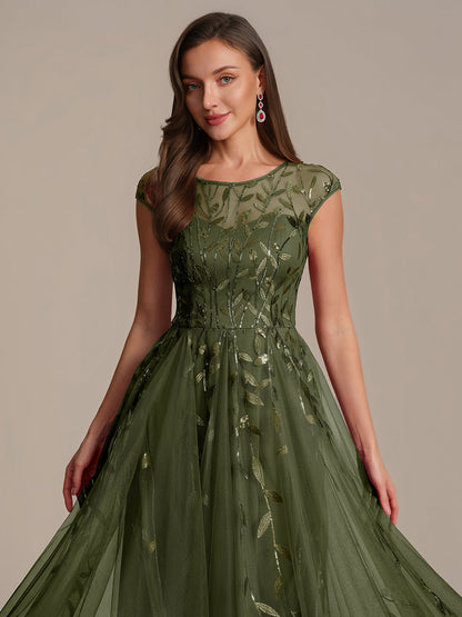 See-through Sequin Cap Sleeve Wedding Guest Dress