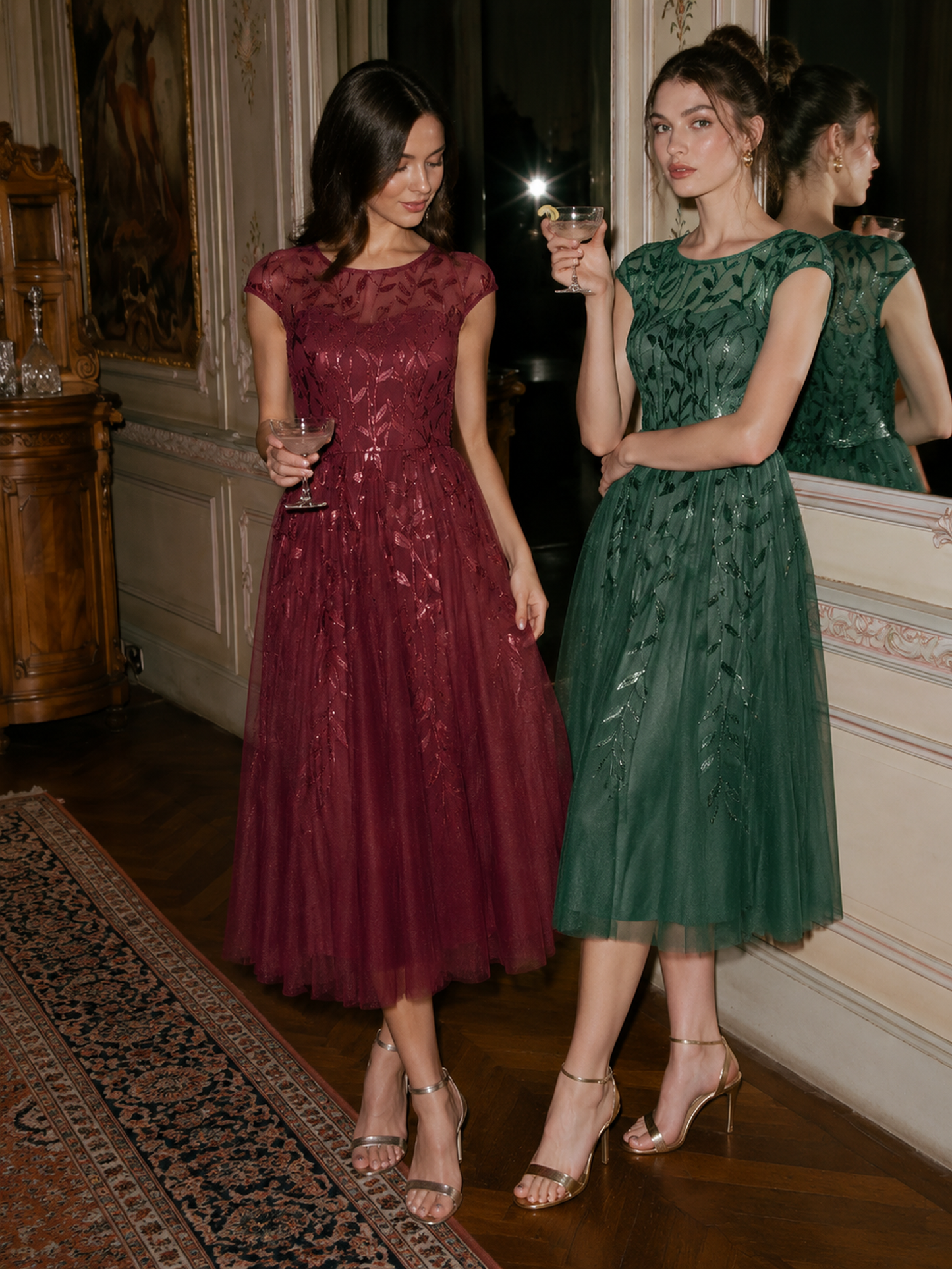 See-through Sequin Cap Sleeve Wedding Guest Dress