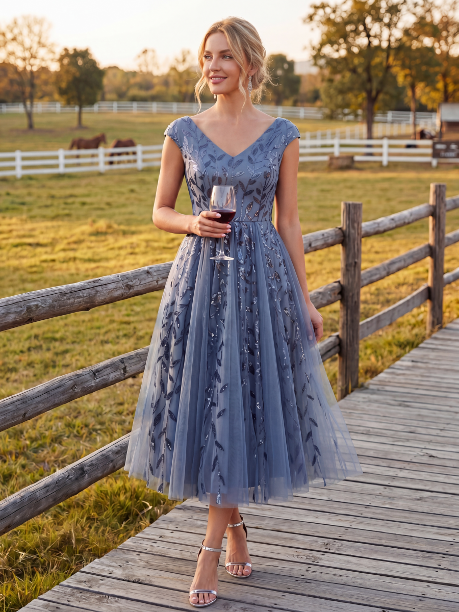 V-Neck Midi Sequin Sleeveless Wedding Guest Dress