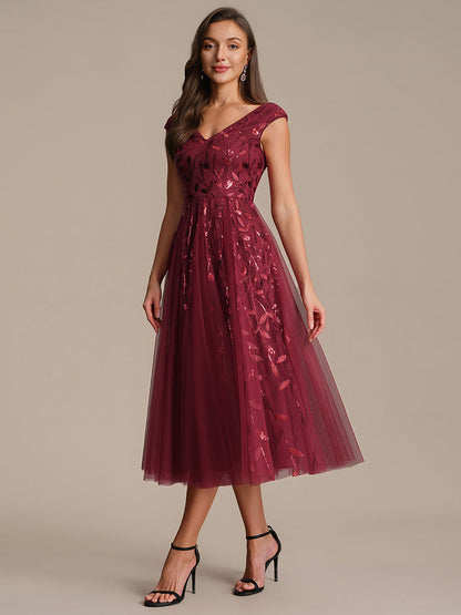 V-Neck Midi Sequin Sleeveless Wedding Guest Dress