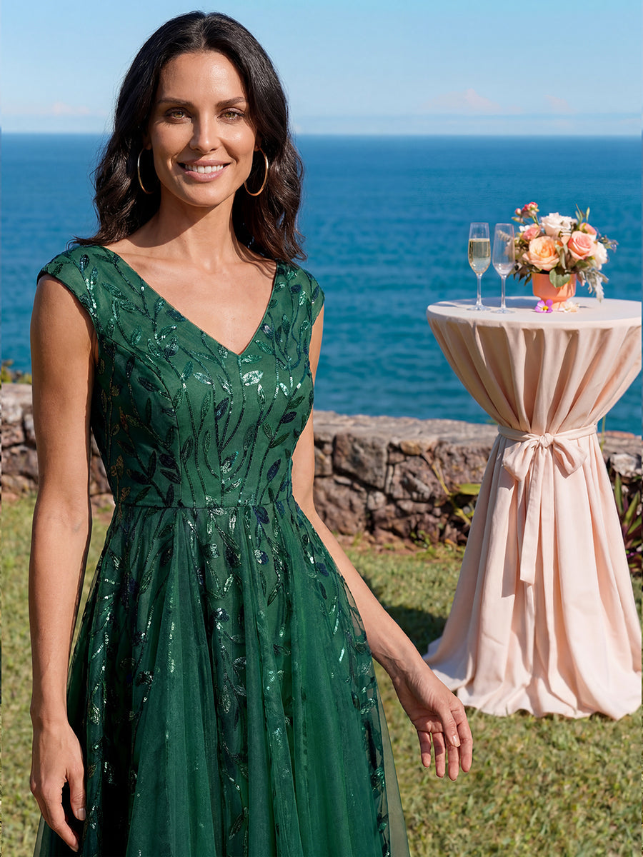 V-Neck Midi Sequin Sleeveless Wedding Guest Dress
