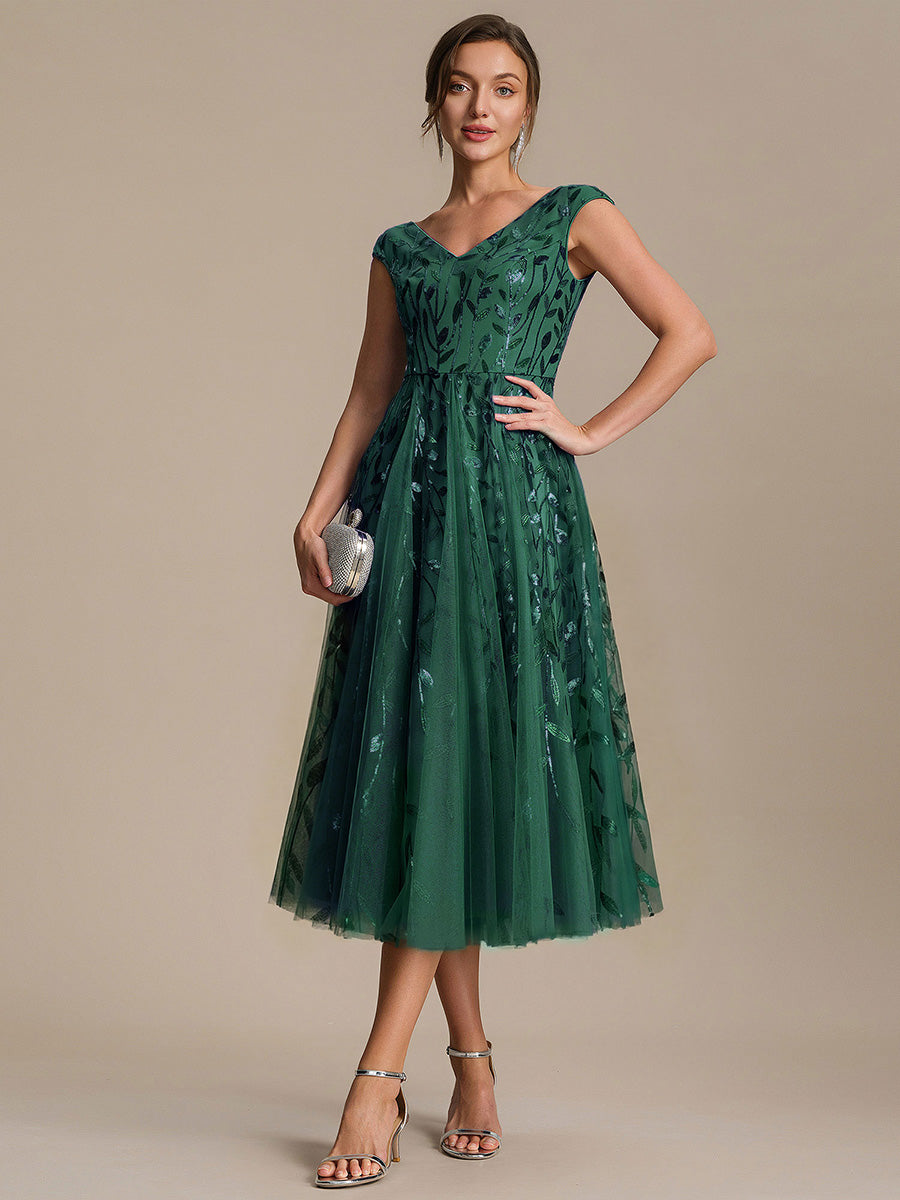 V-Neck Midi Sequin Sleeveless Wedding Guest Dress