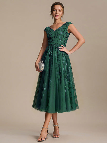 V-Neck Midi Sequin Sleeveless Wedding Guest Dress