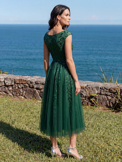 V-Neck Midi Sequin Sleeveless Wedding Guest Dress