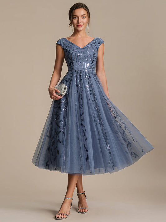 V-Neck Midi Sequin Sleeveless Wedding Guest Dress