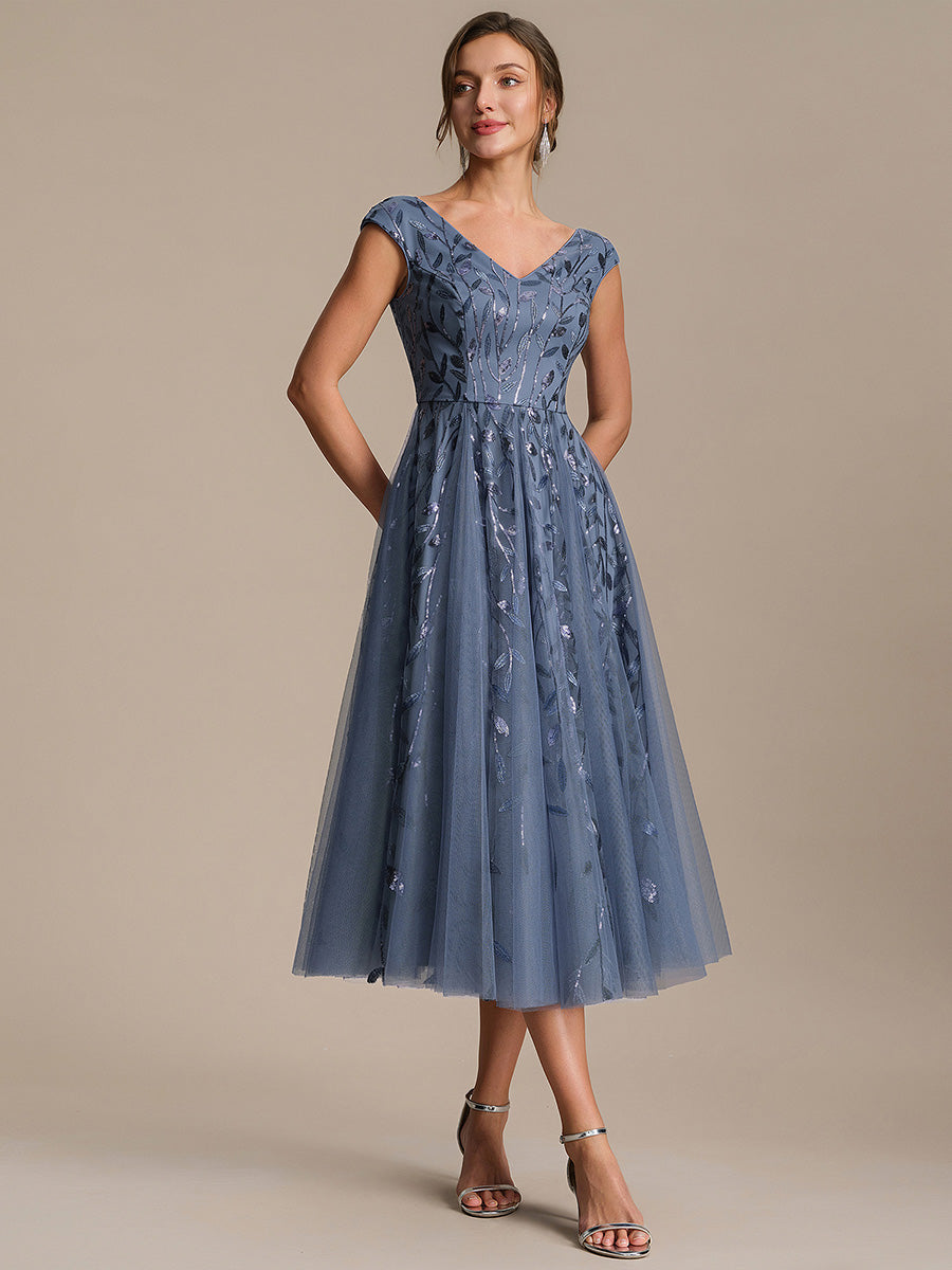V-Neck Midi Sequin Sleeveless Wedding Guest Dress