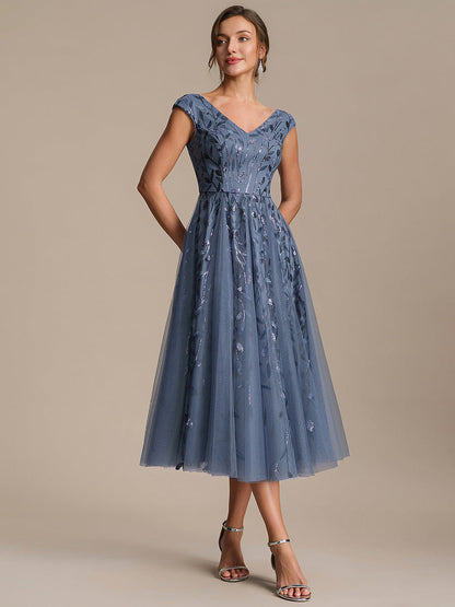 V-Neck Midi Sequin Sleeveless Wedding Guest Dress