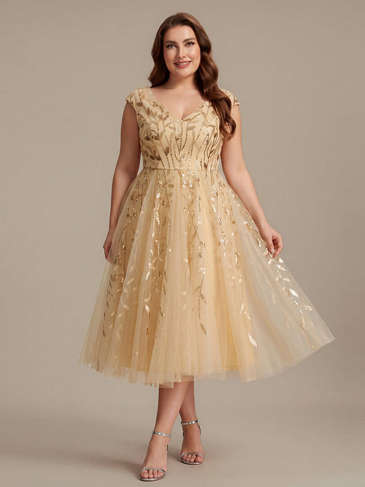 Plus Size V-Neck Sequin Wedding Guest Dress