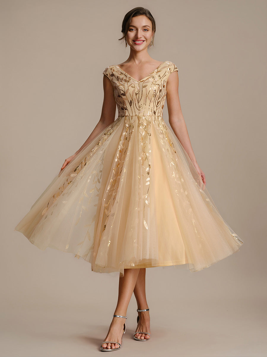 V-Neck Midi Sequin Sleeveless Wedding Guest Dress
