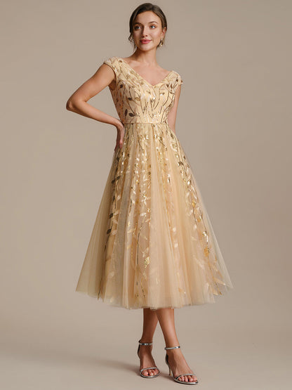 V-Neck Midi Sequin Sleeveless Wedding Guest Dress