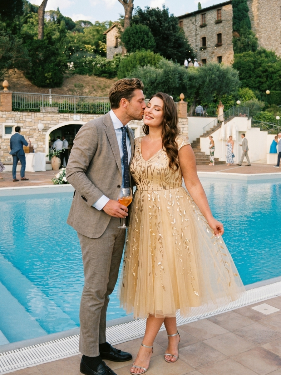 V-Neck Midi Sequin Sleeveless Wedding Guest Dress