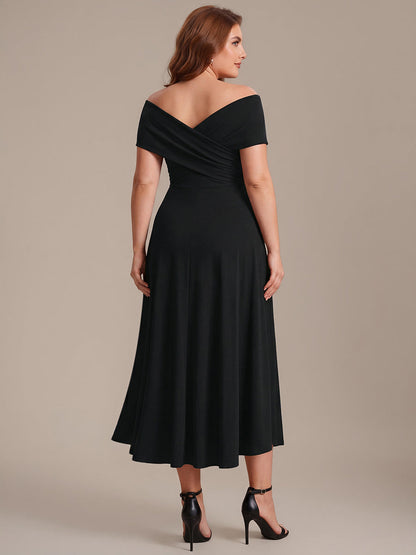 Plus Size Knit Off-the-shoulder Sleeve Wedding Guest Dress