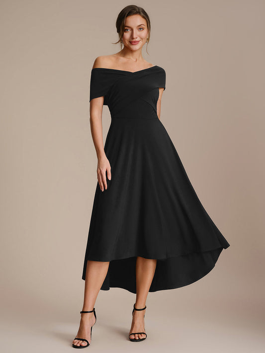 Knit Off-the-shoulder Sleeve A-Line Wedding Guest Dress