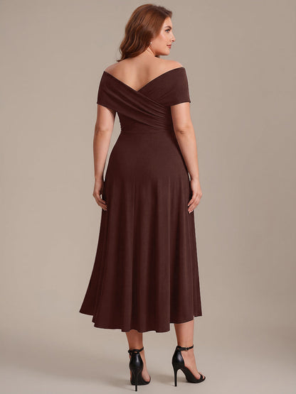 Plus Size Knit Off-the-shoulder Sleeve Wedding Guest Dress