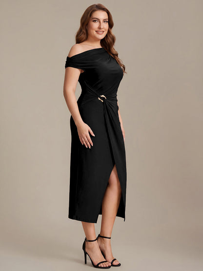 Plus Size One-Shoulder Knit Wedding Guest Dress
