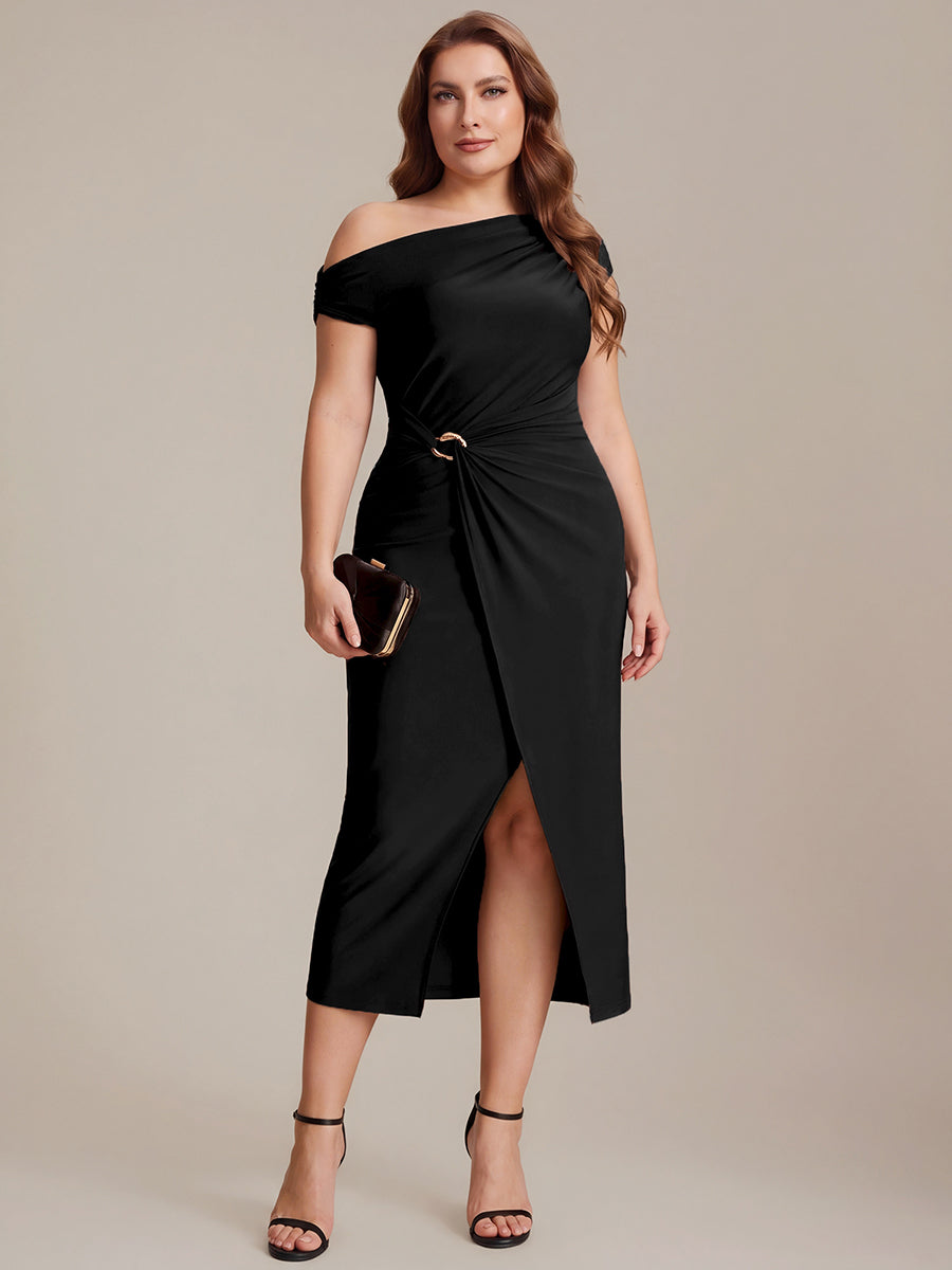 Plus Size One-Shoulder Knit Wedding Guest Dress