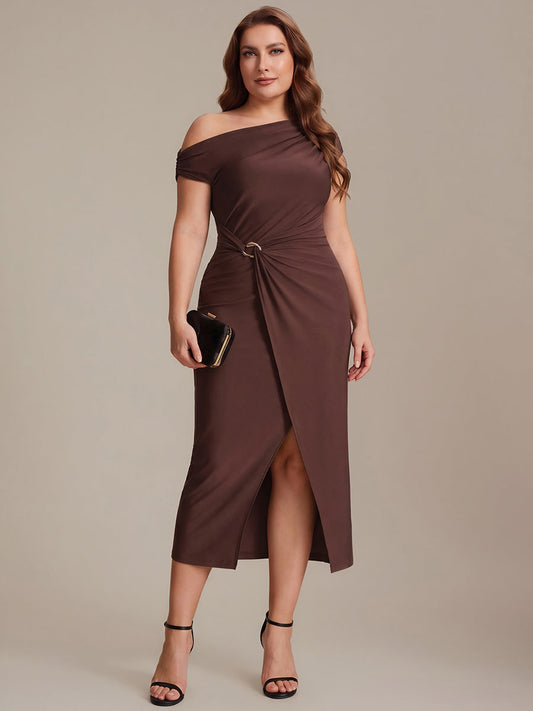 Plus Size One-Shoulder Knit Wedding Guest Dress