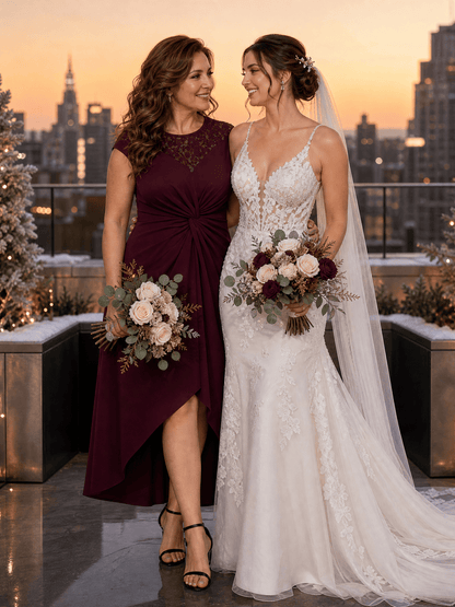 See-through Crepe Cap Sleeve Wedding Guest Dress