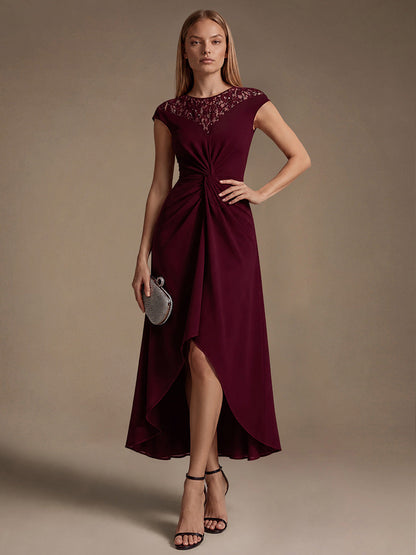 See-through Crepe Cap Sleeve Wedding Guest Dress