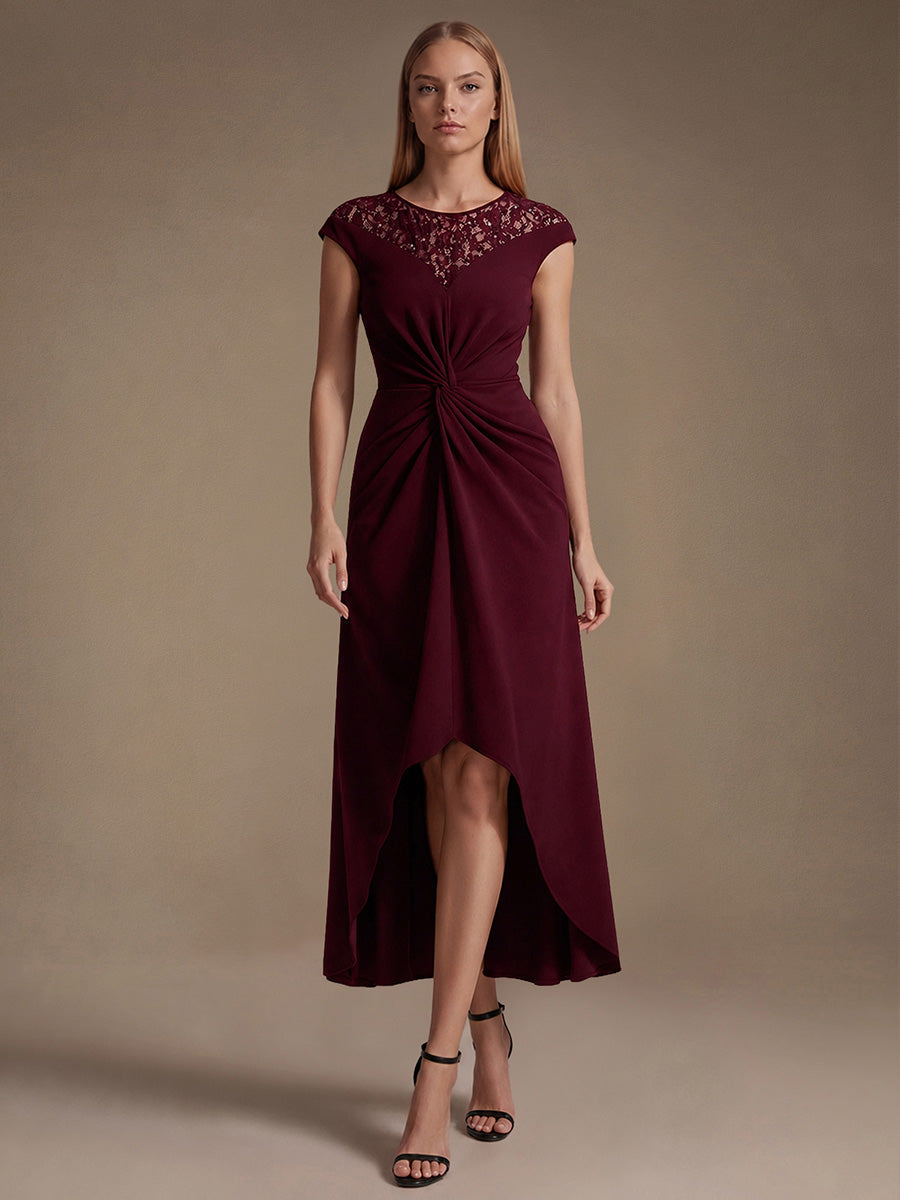 See-through Crepe Cap Sleeve Wedding Guest Dress
