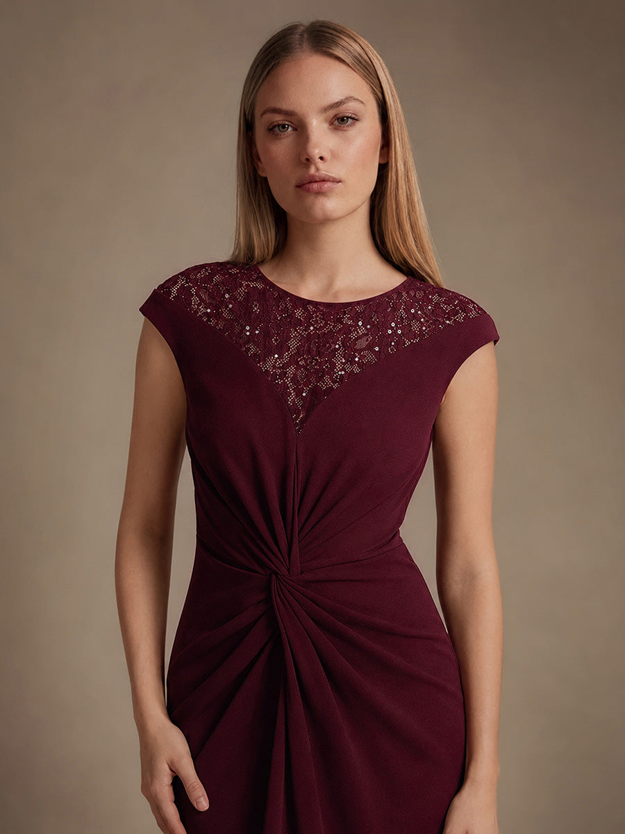 See-through Crepe Cap Sleeve Wedding Guest Dress