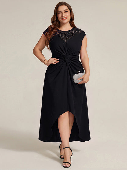 See-through Crepe Cap Sleeve Wedding Guest Dress