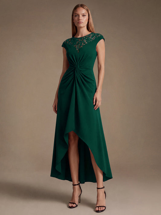 See-through Crepe Cap Sleeve Wedding Guest Dress
