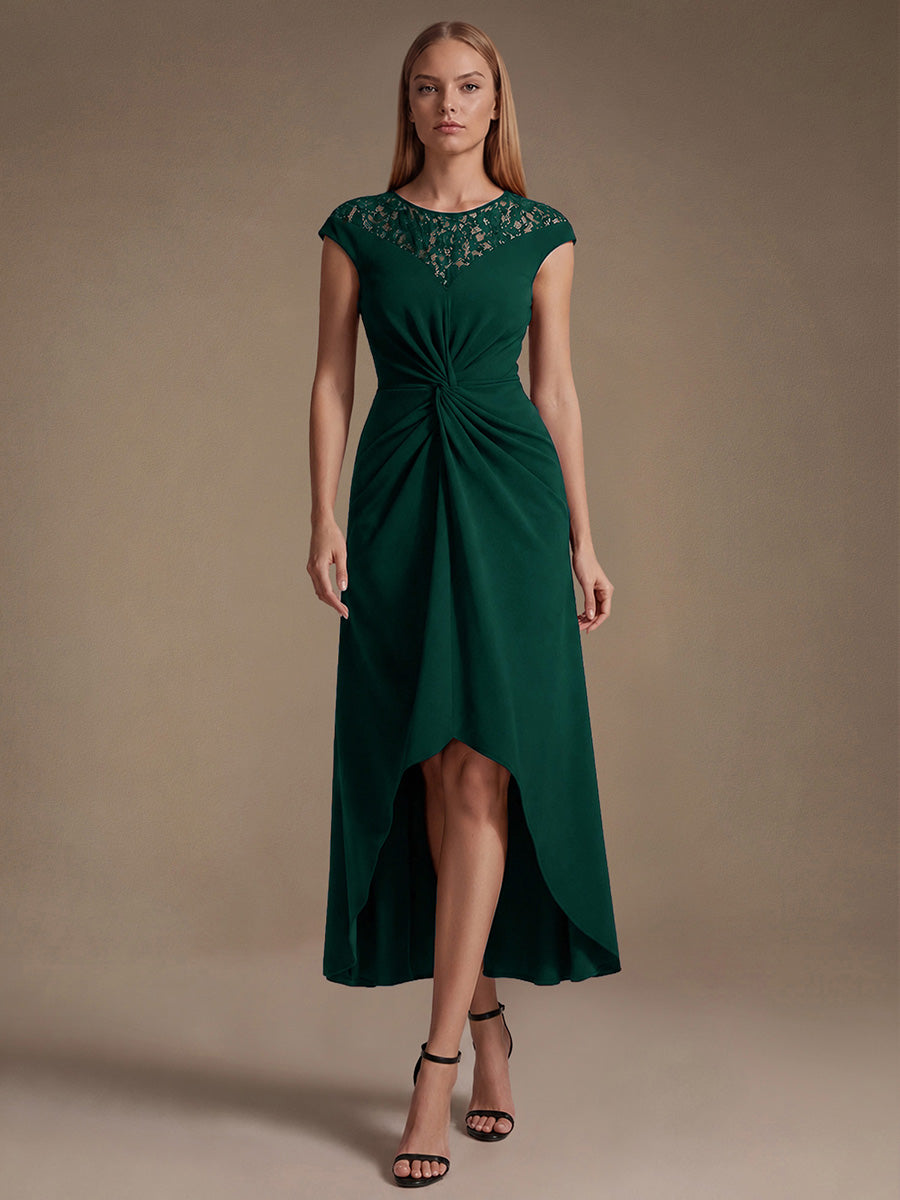 See-through Crepe Cap Sleeve Wedding Guest Dress