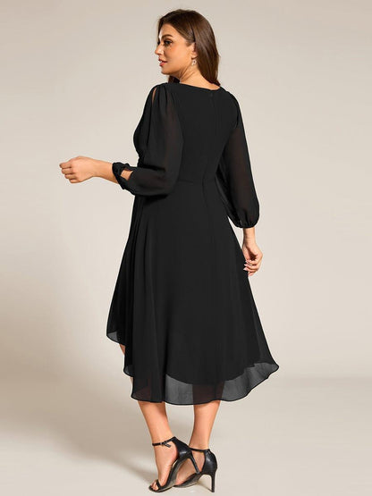pretty AELINA|Plus Size Flowy Long Sleeves V-Neck Waist Applique Midi Chiffon Wedding Guest Dress