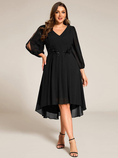 ever AELINA|Long Sleeves Waist Applique A-Line Midi Chiffon Wedding Guest Dress