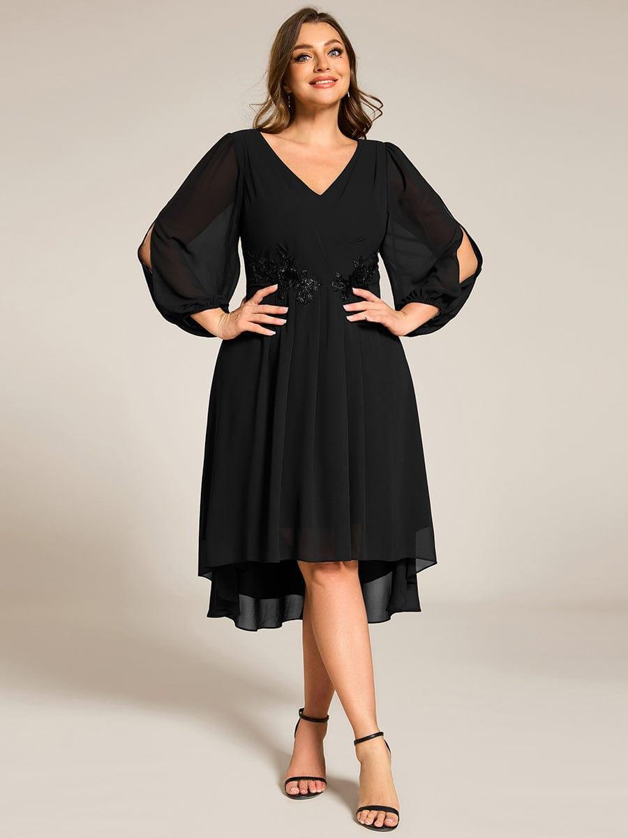 pretty AELINA|Plus Size Flowy Long Sleeves V-Neck Waist Applique Midi Chiffon Wedding Guest Dress