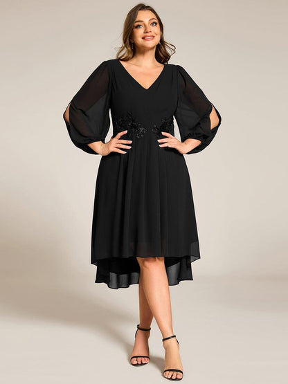 pretty AELINA|Plus Size Flowy Long Sleeves V-Neck Waist Applique Midi Chiffon Wedding Guest Dress