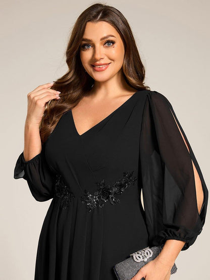 ever AELINA|Long Sleeves Waist Applique A-Line Midi Chiffon Wedding Guest Dress