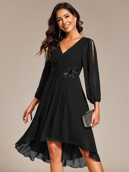 ever AELINA|Long Sleeves Waist Applique A-Line Midi Chiffon Wedding Guest Dress