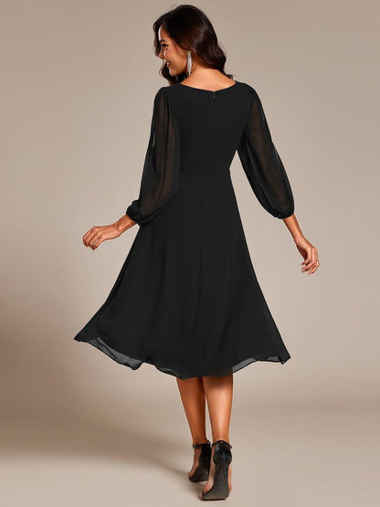 ever AELINA|Long Sleeves Waist Applique A-Line Midi Chiffon Wedding Guest Dress