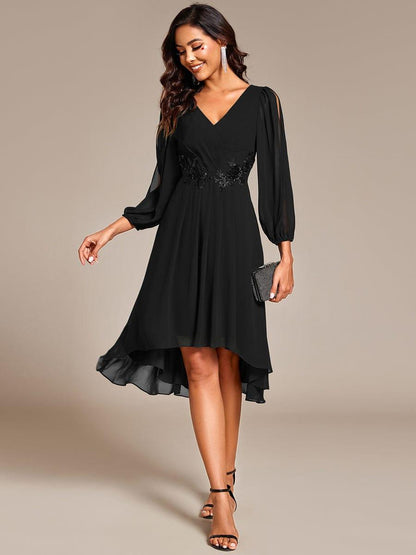 ever AELINA|Long Sleeves Waist Applique A-Line Midi Chiffon Wedding Guest Dress