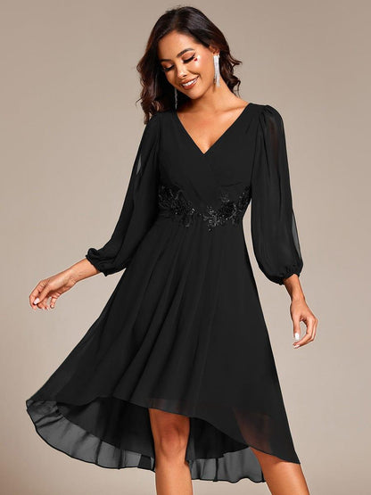 ever AELINA|Long Sleeves Waist Applique A-Line Midi Chiffon Wedding Guest Dress