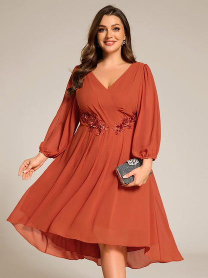 ever AELINA|Long Sleeves Waist Applique A-Line Midi Chiffon Wedding Guest Dress