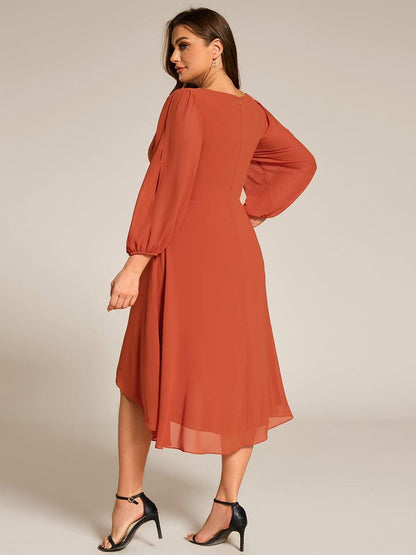 ever AELINA|Long Sleeves Waist Applique A-Line Midi Chiffon Wedding Guest Dress