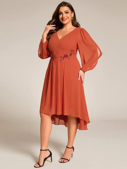 ever AELINA|Long Sleeves Waist Applique A-Line Midi Chiffon Wedding Guest Dress
