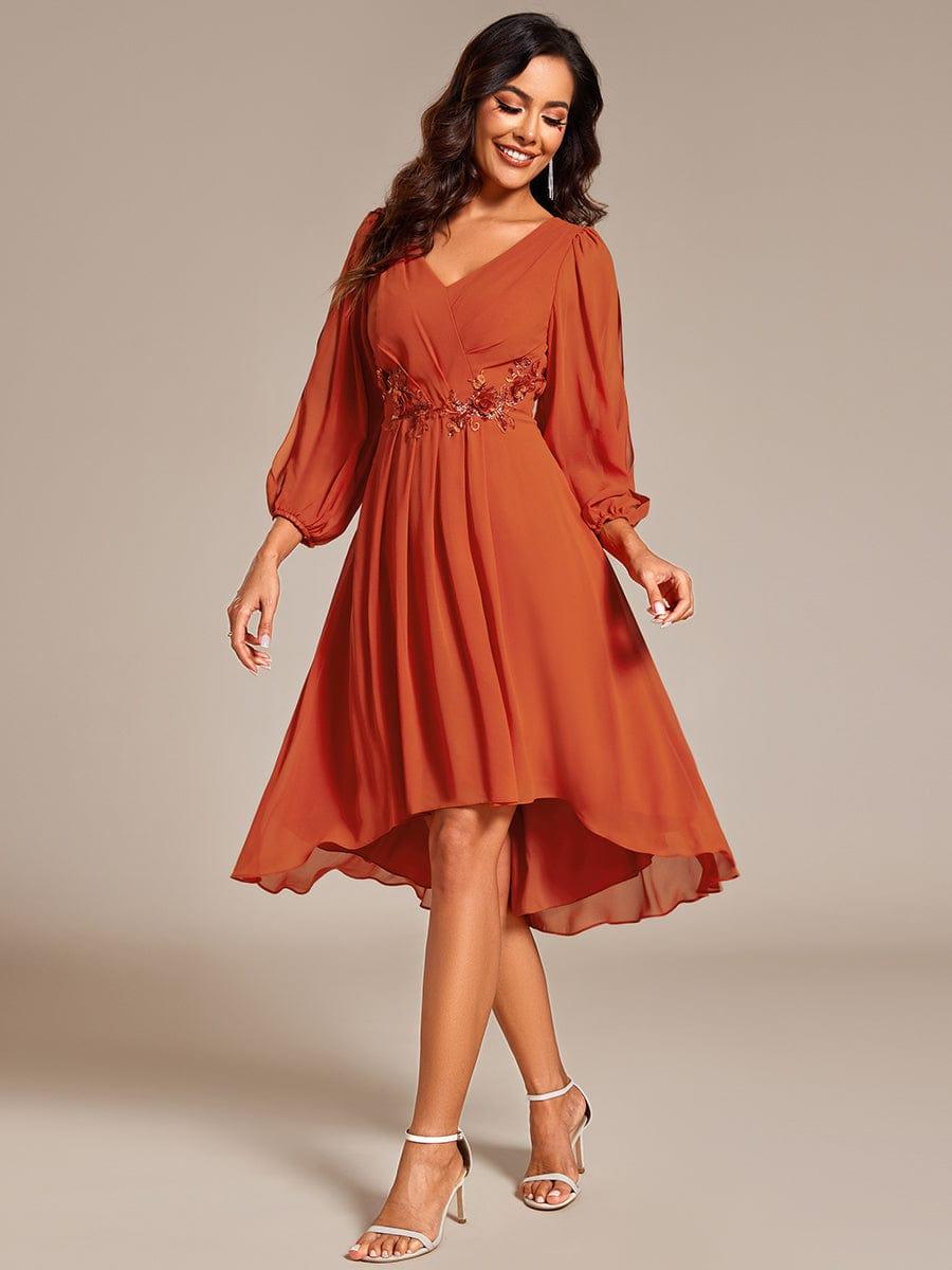 ever AELINA|Long Sleeves Waist Applique A-Line Midi Chiffon Wedding Guest Dress